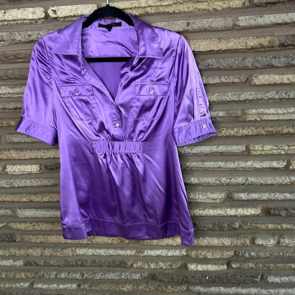 BCBGMaxAzria Purple 100% Silk Short Sleeve Blouse Size Medium - Picture 7 of 9